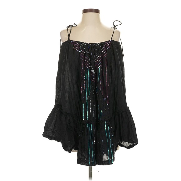 Intimately Free People Tops - Intimately Free People Black Sequin Ruffle Babydoll Tunic Top Tie Strap Boho